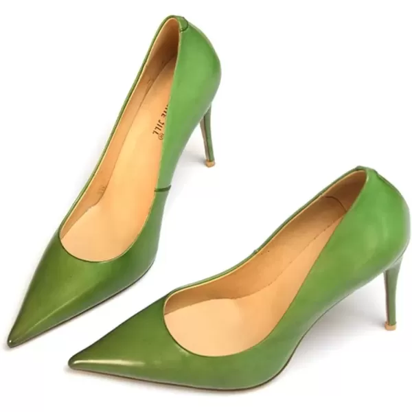 imageFSJ Womens Pointed Toe High Heels Classic Slip on Stiletto Leather Pumps Formal Dress Fashion ShoesGreen