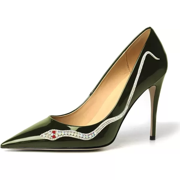 imageFSJ Womens Pointed Toe High Heels Classic Slip on Stiletto Leather Pumps Formal Dress Fashion ShoesGreensnake