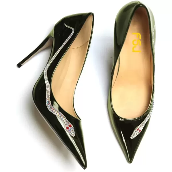 imageFSJ Womens Pointed Toe High Heels Classic Slip on Stiletto Leather Pumps Formal Dress Fashion ShoesGreensnake