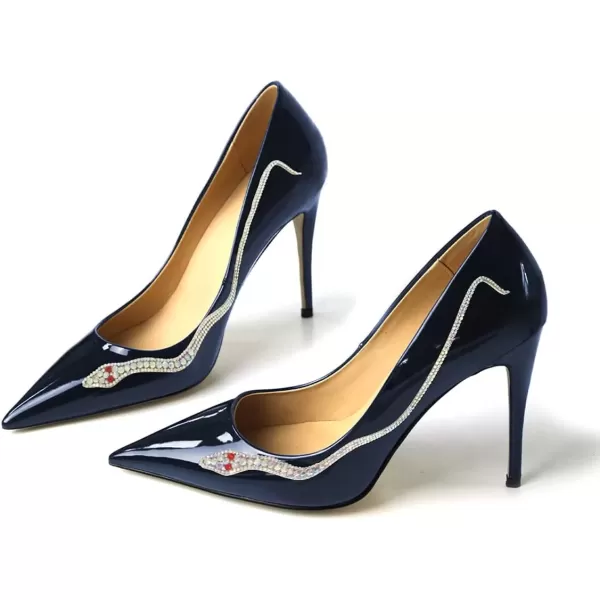 imageFSJ Womens Pointed Toe High Heels Classic Slip on Stiletto Leather Pumps Formal Dress Fashion ShoesNavysnake
