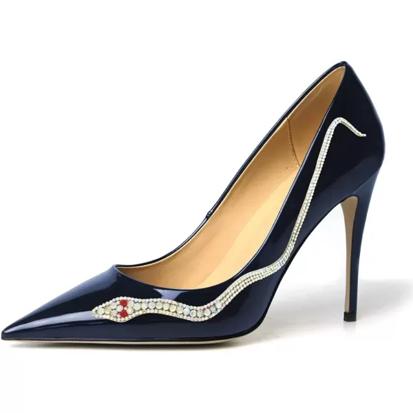 imageFSJ Womens Pointed Toe High Heels Classic Slip on Stiletto Leather Pumps Formal Dress Fashion ShoesNavysnake