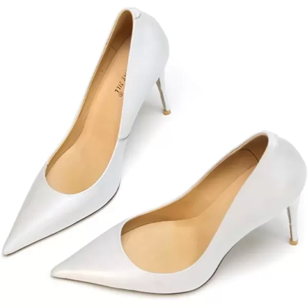 imageFSJ Womens Pointed Toe High Heels Classic Slip on Stiletto Leather Pumps Formal Dress Fashion ShoesWhite