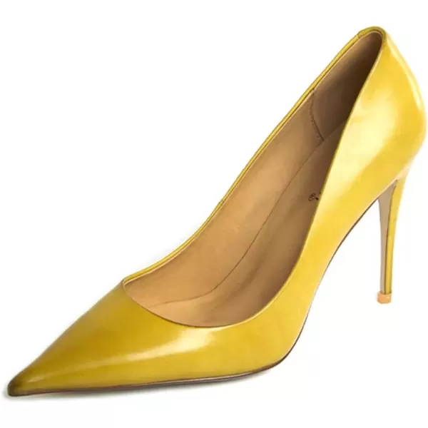 imageFSJ Womens Pointed Toe High Heels Classic Slip on Stiletto Leather Pumps Formal Dress Fashion ShoesYellow
