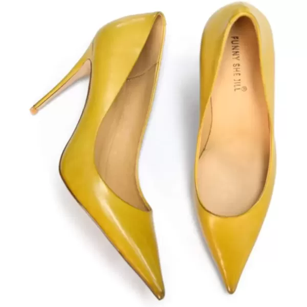 imageFSJ Womens Pointed Toe High Heels Classic Slip on Stiletto Leather Pumps Formal Dress Fashion ShoesYellow