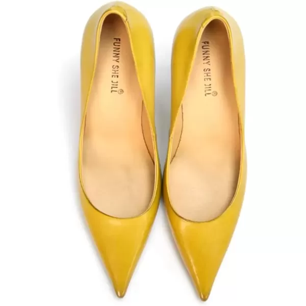 imageFSJ Womens Pointed Toe High Heels Classic Slip on Stiletto Leather Pumps Formal Dress Fashion ShoesYellow