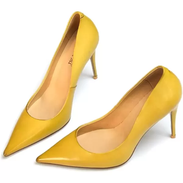 imageFSJ Womens Pointed Toe High Heels Classic Slip on Stiletto Leather Pumps Formal Dress Fashion ShoesYellow