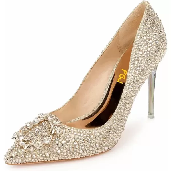 imageFSJ Women Elegant Pointed Toe Stiletto High Heel Wedding Pumps Slip On Crystal Bridal Dress Shoes Size 415 USGold1