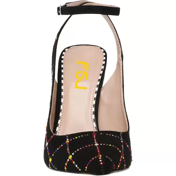 imageFSJ Women Floral Pointed Toe Stylish Multicolor Rhinestone Heel Ankle Strap Buckle Wedding Pumps Chunky Heels Formal Sandals Crystal Dress Party Prom Shoes Size 415 USBlack