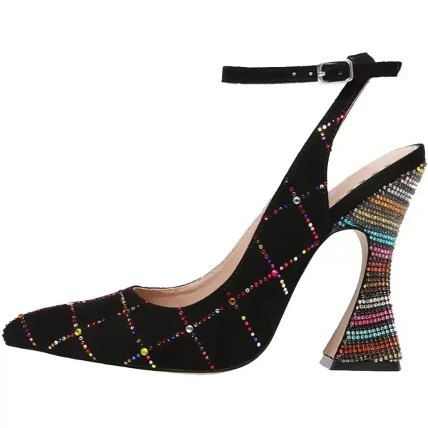 imageFSJ Women Floral Pointed Toe Stylish Multicolor Rhinestone Heel Ankle Strap Buckle Wedding Pumps Chunky Heels Formal Sandals Crystal Dress Party Prom Shoes Size 415 USBlack