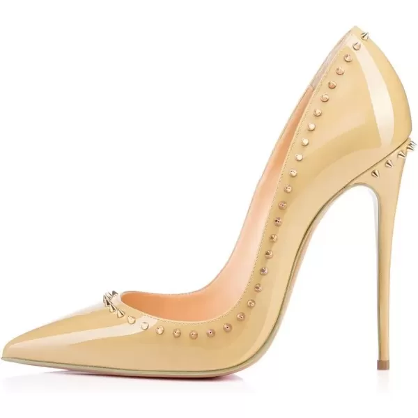 imageFSJ Women Pumps Pointed Toe High Heel Stilettos Rivets Studded Patent Leather Shoes Size 415 USBeige