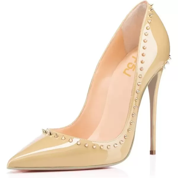 imageFSJ Women Pumps Pointed Toe High Heel Stilettos Rivets Studded Patent Leather Shoes Size 415 USBeige