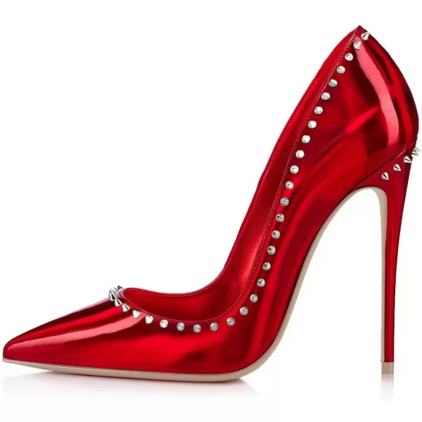 imageFSJ Women Pumps Pointed Toe High Heel Stilettos Rivets Studded Patent Leather Shoes Size 415 USRed Mirror