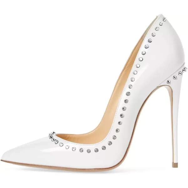 imageFSJ Women Pumps Pointed Toe High Heel Stilettos Rivets Studded Patent Leather Shoes Size 415 USWhite