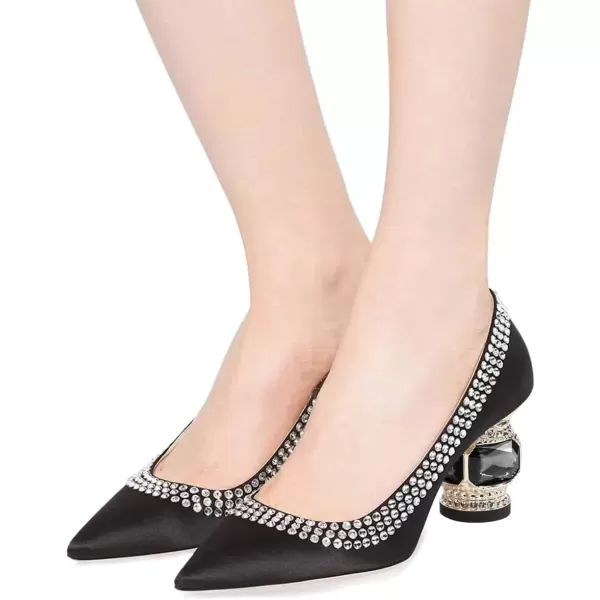 imageFSJ Women Bridal Pointed Toe Chunky Block Low Heel Crystal Pumps Slip on Wedding Thick Heel Comfort Shoes Size 415 USBlack Satin