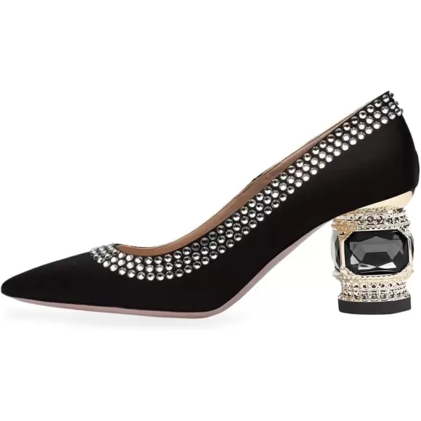 imageFSJ Women Bridal Pointed Toe Chunky Block Low Heel Crystal Pumps Slip on Wedding Thick Heel Comfort Shoes Size 415 USBlack Satin