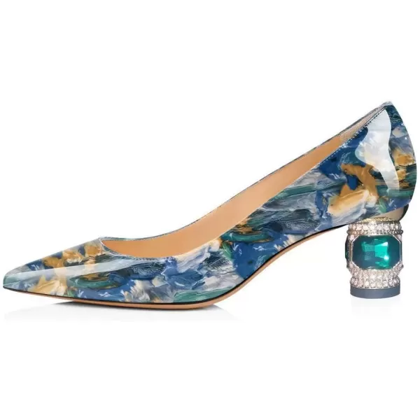 imageFSJ Women Bridal Pointed Toe Chunky Block Low Heel Crystal Pumps Slip on Wedding Thick Heel Comfort Shoes Size 415 USBlue Floral