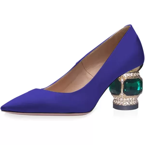 imageFSJ Women Bridal Pointed Toe Chunky Block Low Heel Crystal Pumps Slip on Wedding Thick Heel Comfort Shoes Size 415 USBlue Satin