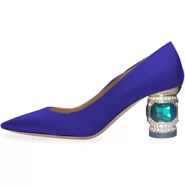 imageFSJ Women Bridal Pointed Toe Chunky Block Low Heel Crystal Pumps Slip on Wedding Thick Heel Comfort Shoes Size 415 USBlue Satin