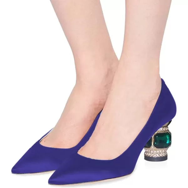 imageFSJ Women Bridal Pointed Toe Chunky Block Low Heel Crystal Pumps Slip on Wedding Thick Heel Comfort Shoes Size 415 USBlue Satin