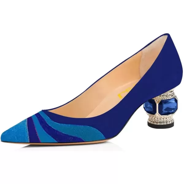 imageFSJ Women Bridal Pointed Toe Chunky Block Low Heel Crystal Pumps Slip on Wedding Thick Heel Comfort Shoes Size 415 USBlue Suede1