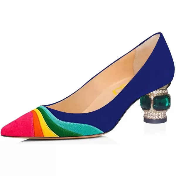 imageFSJ Women Bridal Pointed Toe Chunky Block Low Heel Crystal Pumps Slip on Wedding Thick Heel Comfort Shoes Size 415 USBlue Suede2