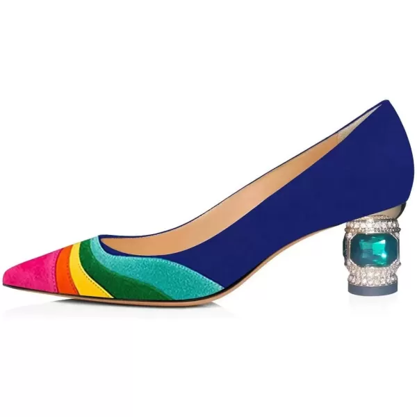 imageFSJ Women Bridal Pointed Toe Chunky Block Low Heel Crystal Pumps Slip on Wedding Thick Heel Comfort Shoes Size 415 USBlue Suede2