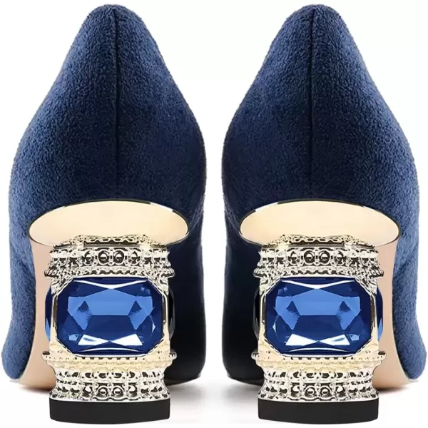 imageFSJ Women Bridal Pointed Toe Chunky Block Low Heel Crystal Pumps Slip on Wedding Thick Heel Comfort Shoes Size 415 USBluesuede