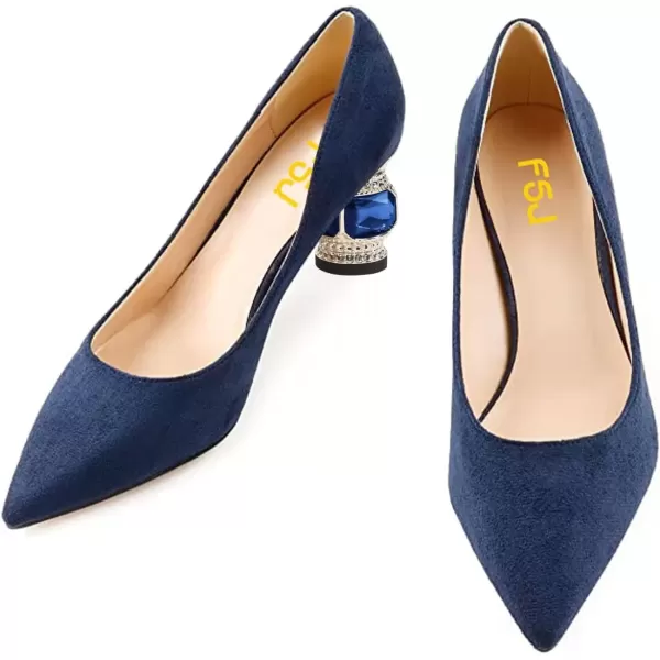 imageFSJ Women Bridal Pointed Toe Chunky Block Low Heel Crystal Pumps Slip on Wedding Thick Heel Comfort Shoes Size 415 USBluesuede