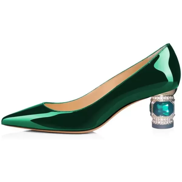 imageFSJ Women Bridal Pointed Toe Chunky Block Low Heel Crystal Pumps Slip on Wedding Thick Heel Comfort Shoes Size 415 USDark Greenpatent