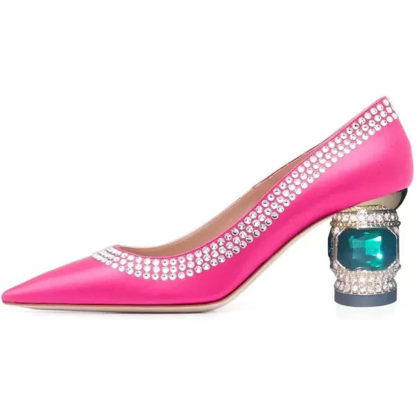 imageFSJ Women Bridal Pointed Toe Chunky Block Low Heel Crystal Pumps Slip on Wedding Thick Heel Comfort Shoes Size 415 USFuchsia Satin