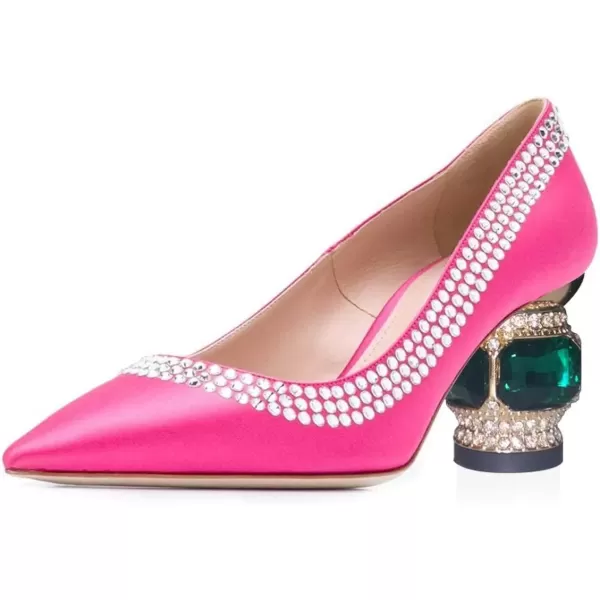 imageFSJ Women Bridal Pointed Toe Chunky Block Low Heel Crystal Pumps Slip on Wedding Thick Heel Comfort Shoes Size 415 USFuchsia Satin