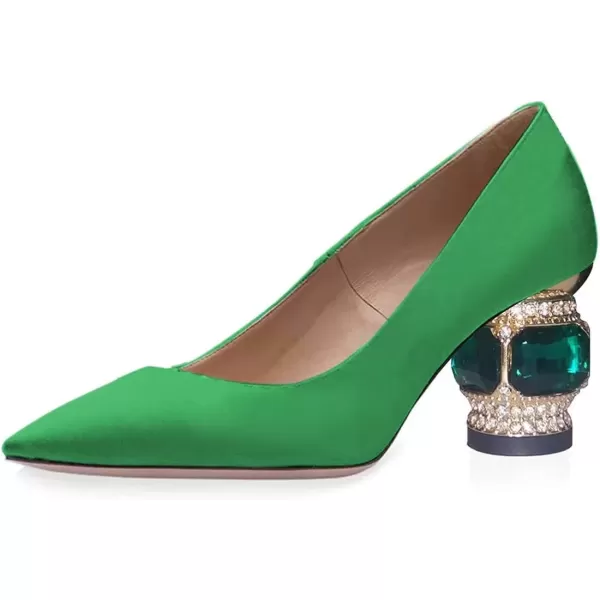 imageFSJ Women Bridal Pointed Toe Chunky Block Low Heel Crystal Pumps Slip on Wedding Thick Heel Comfort Shoes Size 415 USGreen 1