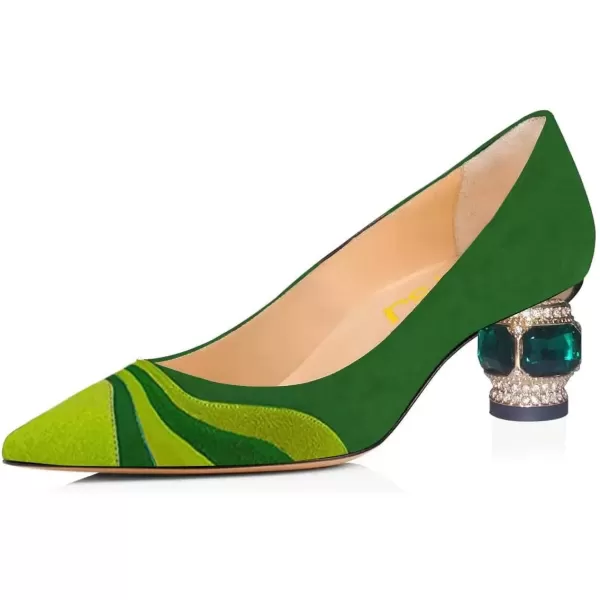 imageFSJ Women Bridal Pointed Toe Chunky Block Low Heel Crystal Pumps Slip on Wedding Thick Heel Comfort Shoes Size 415 USGreen Suede1