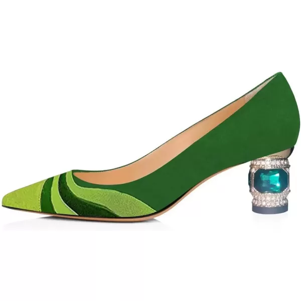 imageFSJ Women Bridal Pointed Toe Chunky Block Low Heel Crystal Pumps Slip on Wedding Thick Heel Comfort Shoes Size 415 USGreen Suede1