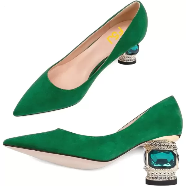 imageFSJ Women Bridal Pointed Toe Chunky Block Low Heel Crystal Pumps Slip on Wedding Thick Heel Comfort Shoes Size 415 USGreensuede