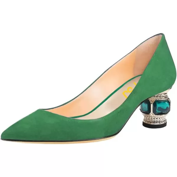 imageFSJ Women Bridal Pointed Toe Chunky Block Low Heel Crystal Pumps Slip on Wedding Thick Heel Comfort Shoes Size 415 USGreensuede