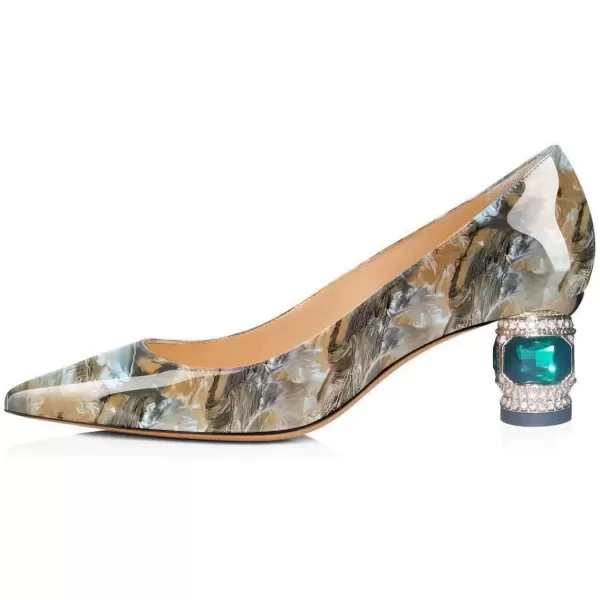 imageFSJ Women Bridal Pointed Toe Chunky Block Low Heel Crystal Pumps Slip on Wedding Thick Heel Comfort Shoes Size 415 USKhaki Floral