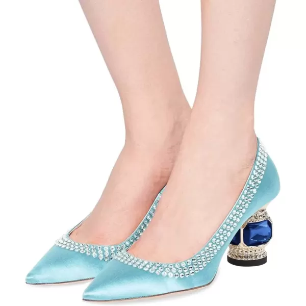 imageFSJ Women Bridal Pointed Toe Chunky Block Low Heel Crystal Pumps Slip on Wedding Thick Heel Comfort Shoes Size 415 USLight Blue Satin