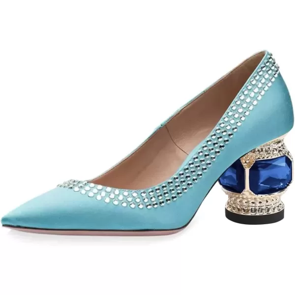 imageFSJ Women Bridal Pointed Toe Chunky Block Low Heel Crystal Pumps Slip on Wedding Thick Heel Comfort Shoes Size 415 USLight Blue Satin