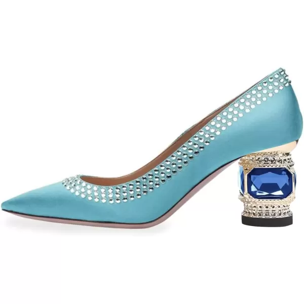 imageFSJ Women Bridal Pointed Toe Chunky Block Low Heel Crystal Pumps Slip on Wedding Thick Heel Comfort Shoes Size 415 USLight Blue Satin