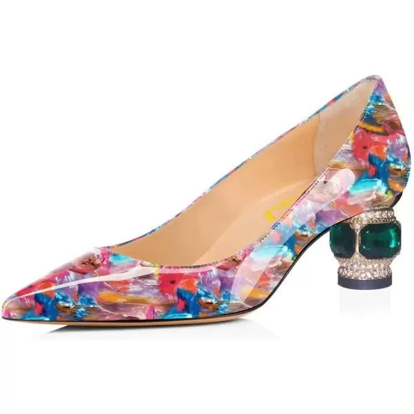 imageFSJ Women Bridal Pointed Toe Chunky Block Low Heel Crystal Pumps Slip on Wedding Thick Heel Comfort Shoes Size 415 USMulti Floral