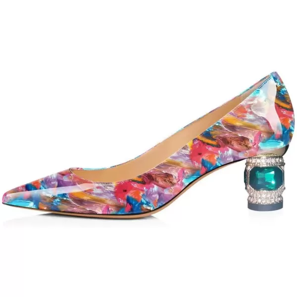 imageFSJ Women Bridal Pointed Toe Chunky Block Low Heel Crystal Pumps Slip on Wedding Thick Heel Comfort Shoes Size 415 USMulti Floral