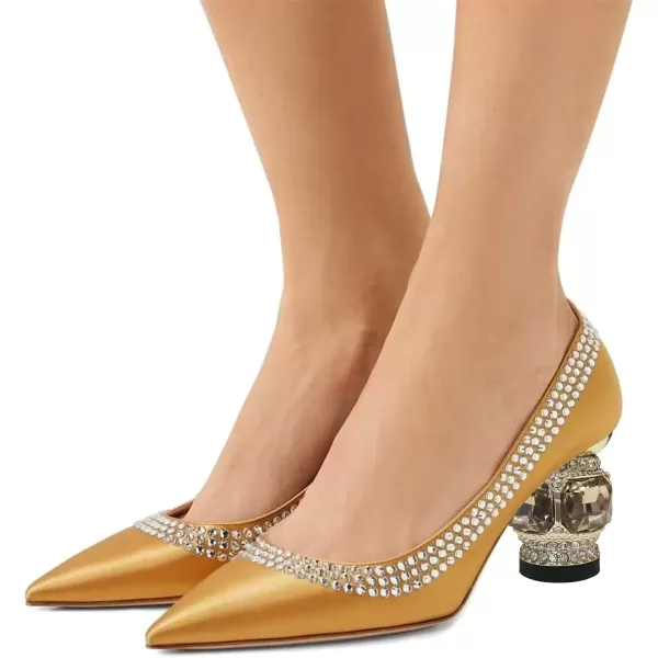 imageFSJ Women Bridal Pointed Toe Chunky Block Low Heel Crystal Pumps Slip on Wedding Thick Heel Comfort Shoes Size 415 USOrange Satin