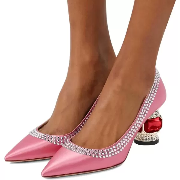 imageFSJ Women Bridal Pointed Toe Chunky Block Low Heel Crystal Pumps Slip on Wedding Thick Heel Comfort Shoes Size 415 USPink Satin