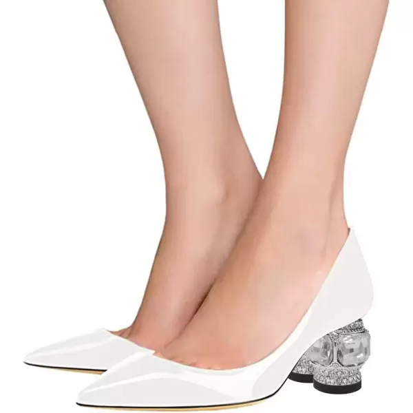 imageFSJ Women Bridal Pointed Toe Chunky Block Low Heel Crystal Pumps Slip on Wedding Thick Heel Comfort Shoes Size 415 USWhite