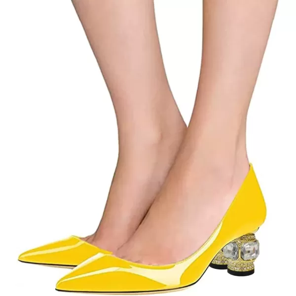 imageFSJ Women Bridal Pointed Toe Chunky Block Low Heel Crystal Pumps Slip on Wedding Thick Heel Comfort Shoes Size 415 USYellow