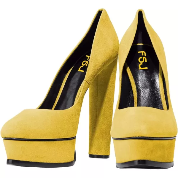 imageFSJ Women Classic Chunky High Heels Pumps Platform Closed Toe Sexy Slip On Ladies Shoes Size 415 USYellow