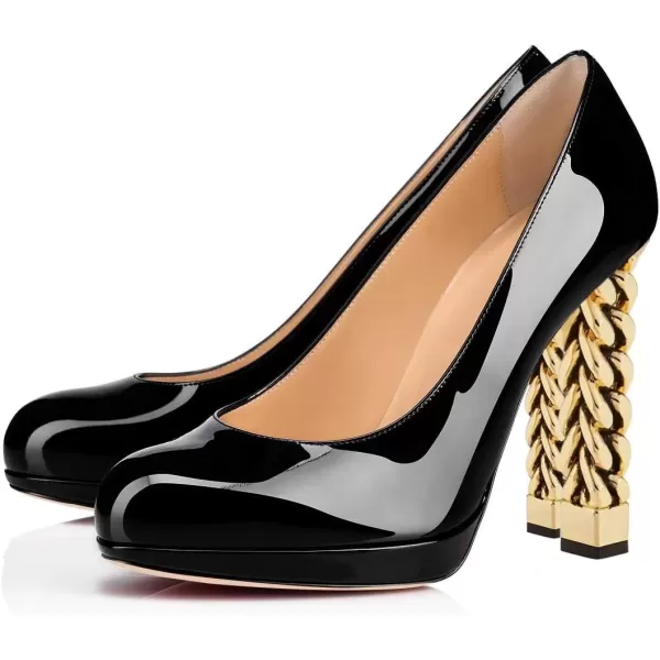 imageFSJ Women Dress Round Toe Chunky Gold High Heel Pumps Slip on Party Prom Platform Shoes Size 415 USBlack