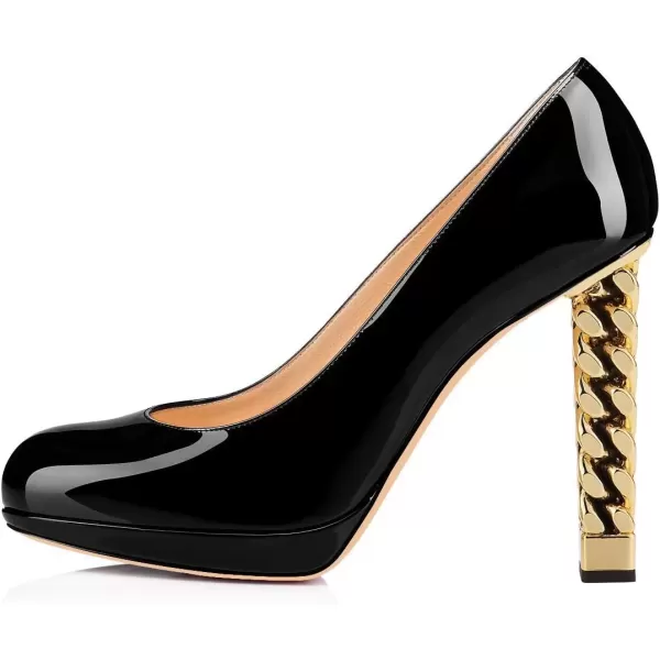 imageFSJ Women Dress Round Toe Chunky Gold High Heel Pumps Slip on Party Prom Platform Shoes Size 415 USBlack