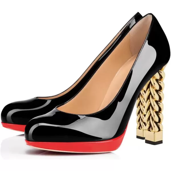 imageFSJ Women Dress Round Toe Chunky Gold High Heel Pumps Slip on Party Prom Platform Shoes Size 415 USBlackRed
